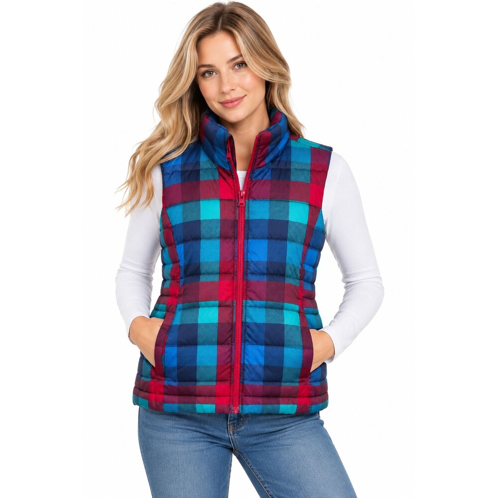 Lands' End Down Vest Womens Size Small 2 Colorful Plaid Check Sleeveless Jacket